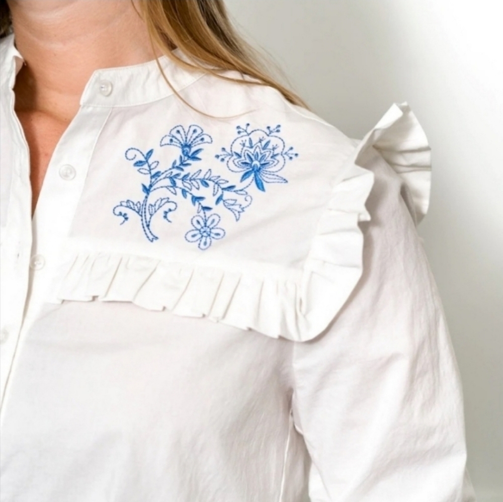 The Shirt Rochelle Behrens Trapeze embroidered ruffle top New NWOT - Picture 2 of 7